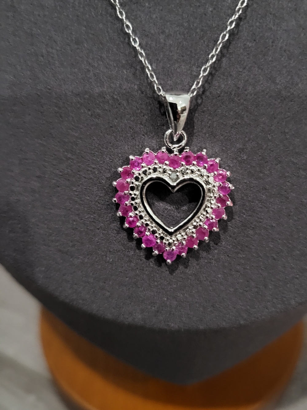 Sterling Silver Heart Pendant 18 Inch Necklace with Genuine Rubies